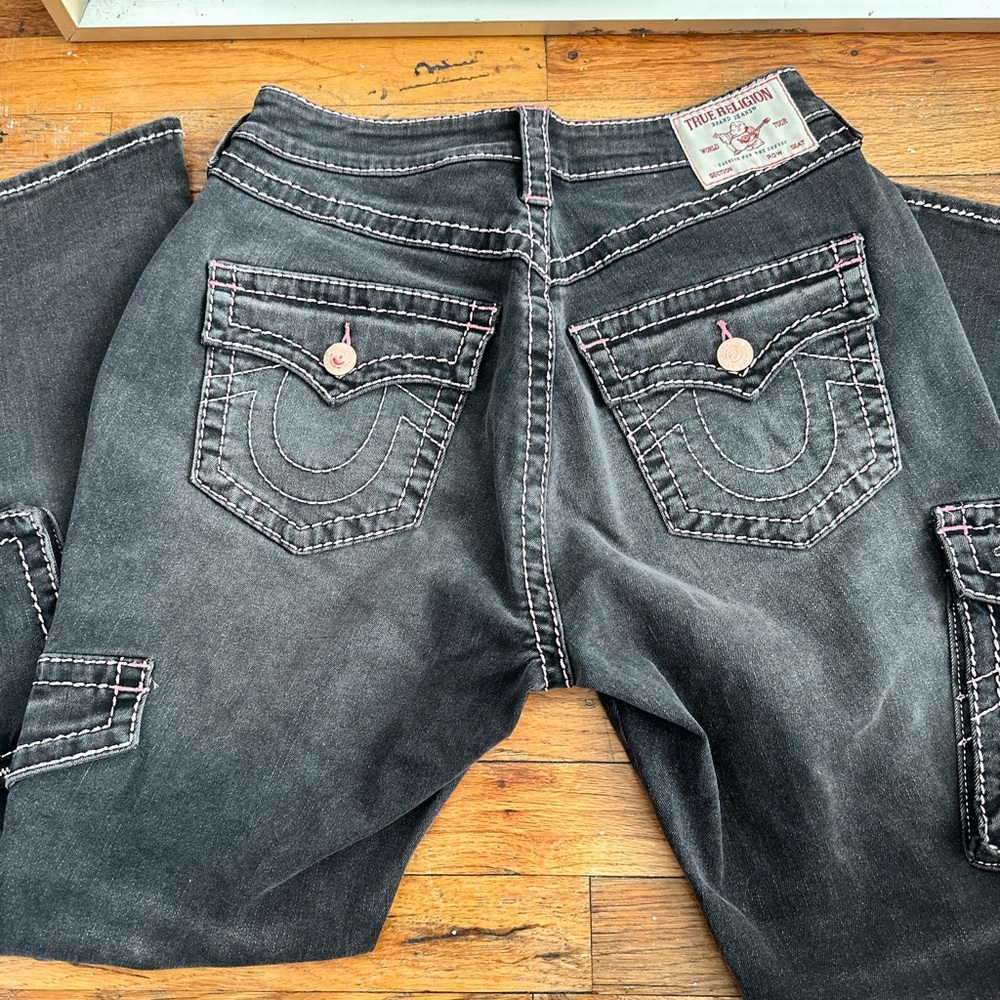 Black w pink stitching true religion cargos